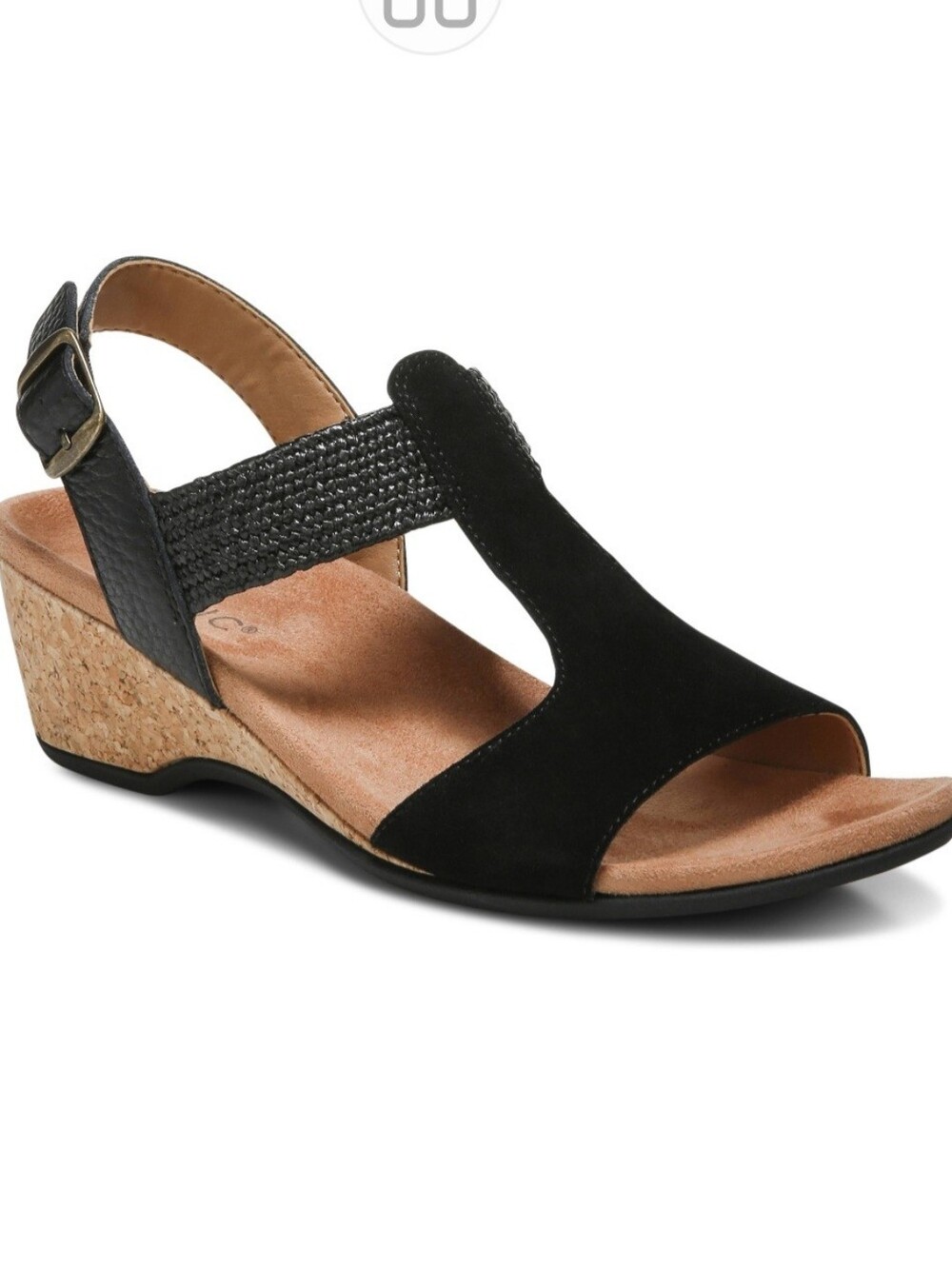 Vionic Kaytie Black T-Strap Wedge Cork Heel Sandals Suede Jute Upper Size 8